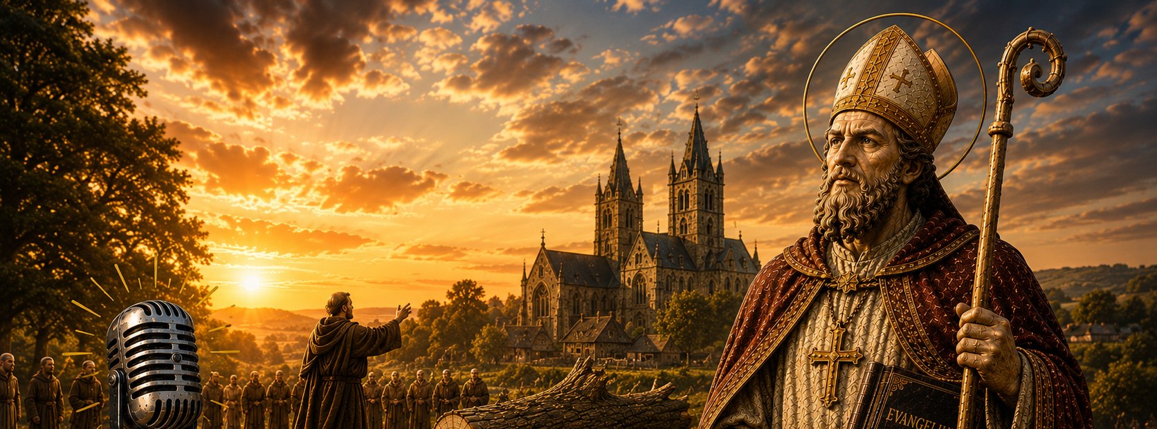 Bonifatius — Bonifatius met bisschopsmijter en staf, bij een middeleeuwse kathedraal in gouden avondlicht.